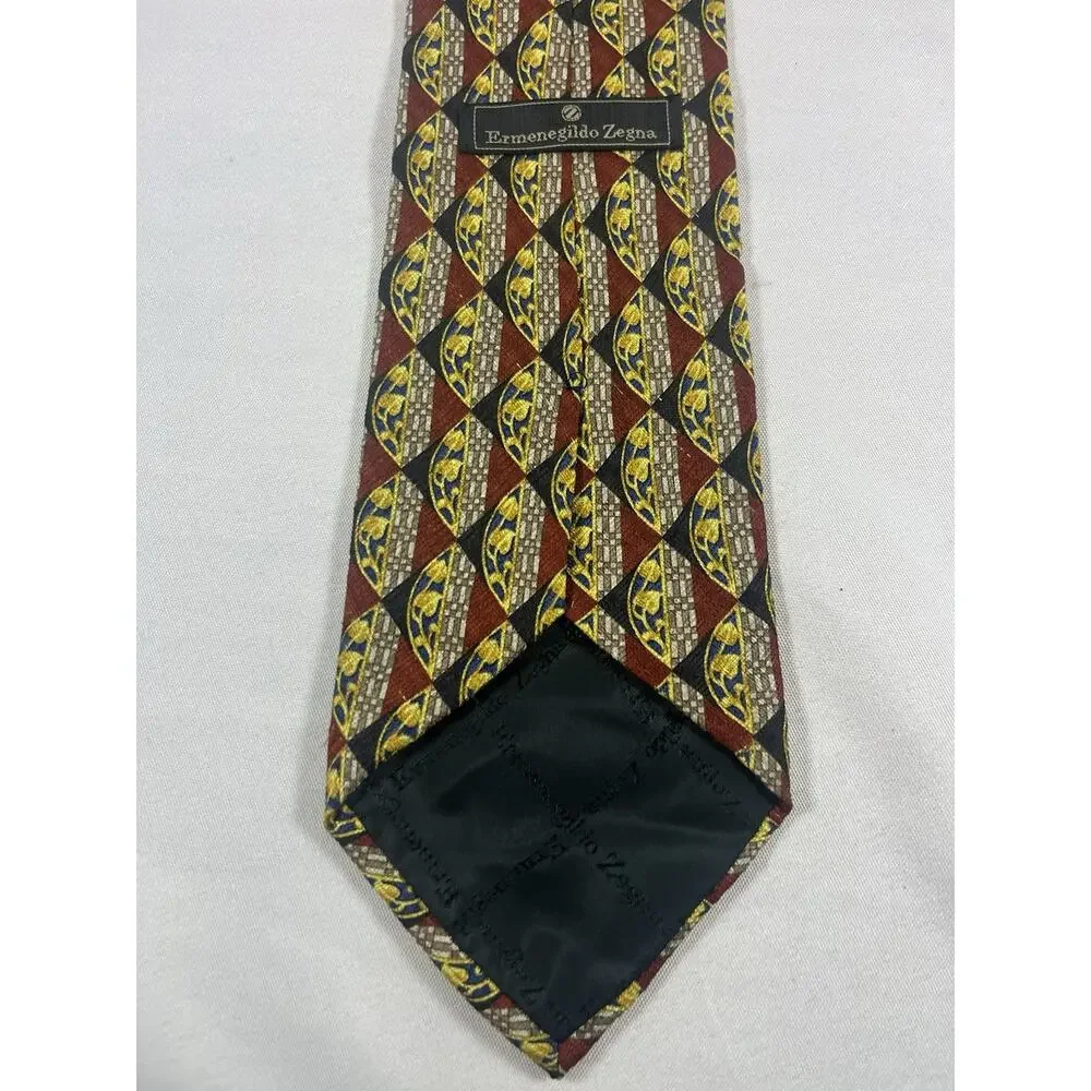 ERMENEGILDO ZEGNA Men' Silk Multicolor Red, Yellow, Leaf Pattern Geometric James